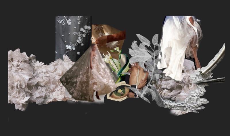 Bridal-lace concept collage of layered lace and floral appliques with a veiled gown on charcoal ground
