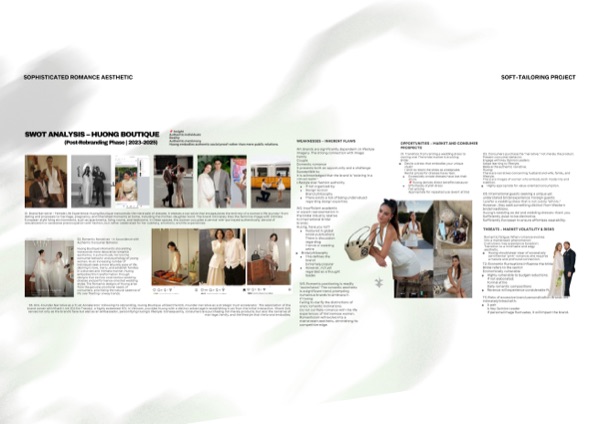 SWOT analysis spread for Huong Boutique's post-rebranding romantic positioning.