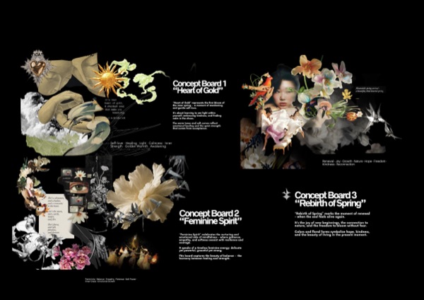 Three concept boards: Heart of Gold, Feminine Spirit, Rebirth of Spring.