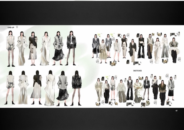 Line-up and sketch sheet of six tailored looks, front and back.