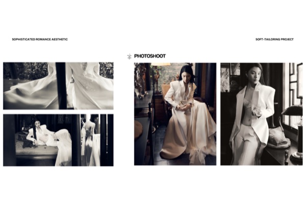 Black-and-white photoshoot spread: the finished coat-gown in an antique interior.