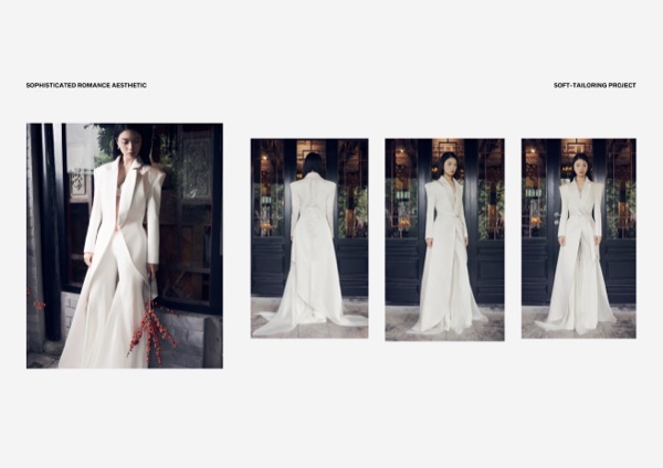 Colour photoshoot spread: the finished look outside a lacquered doorway.