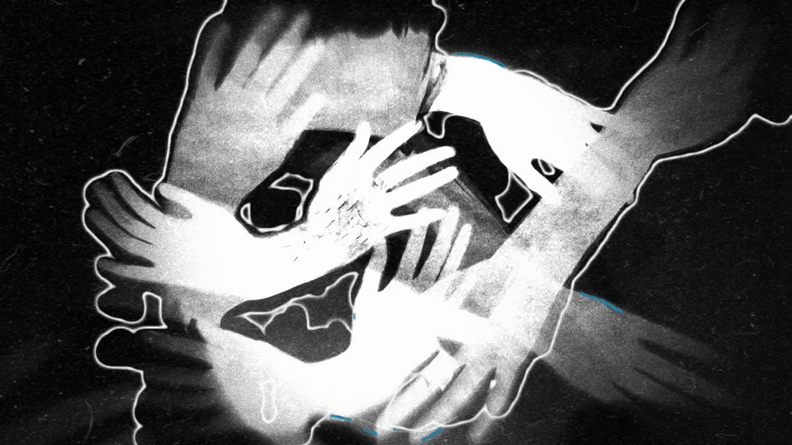 Black and white still from the Aurora exhibition